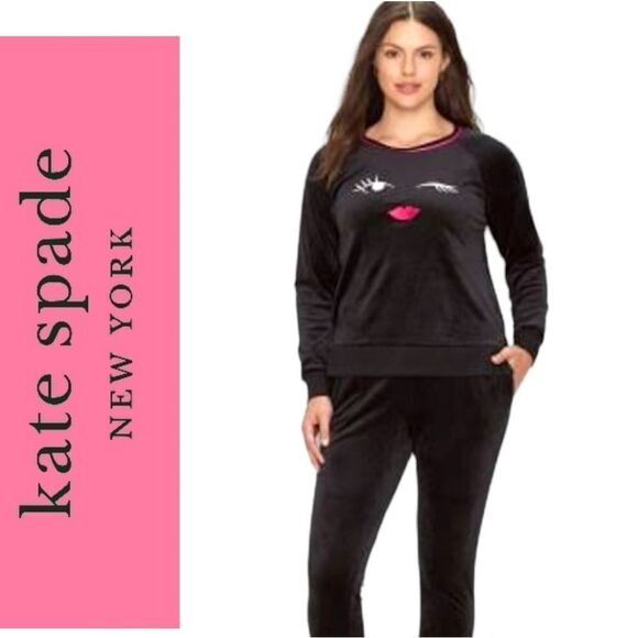 KATE SPADE VELOUR WINKY FACE AND LIPS BLACK VELVET SWEATER SWEATSHIRT LOUNGEWEAR - Picture 2 of 16